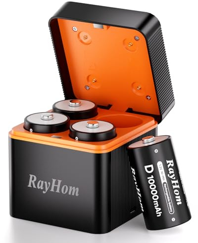 RayHom Rechargeable D Batteries with Charger, 4Pack 10000mAh NiMH D Cell Batteries, Low Self Discharge, 4 Slot NiMH Battery Charger with Type-C Input
