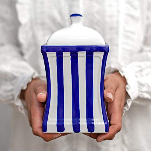 City to Cottage® - Keramik Behälter Küche 900 ml | Blau-Weiß gestreift | Handgemacht | Behälter mit Deckel | Keksdose Keramik