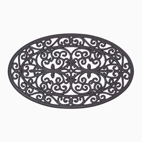 Homescapes Schwarze Türmatte für den Außenbereich, Fußabstreifer aus Kautschuk für draußen, Schmutzfangmatte im Eisen-Look, Anti-Rutsch-Matte, oval