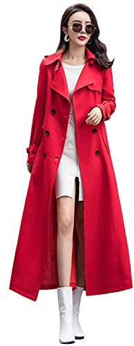 ebossy Women's Double Breasted Duster Trench Coat Slim Full Length Maxi Long Overcoat - red - Large