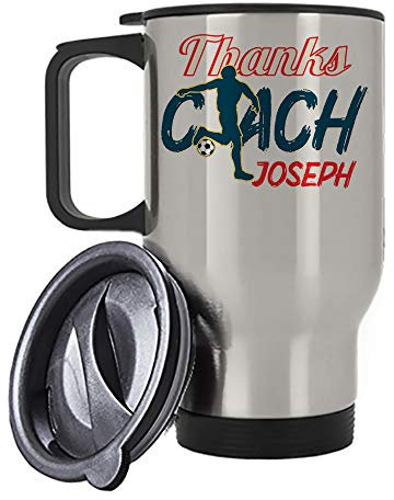 Personalised Football Lover Thanks Coach Any Name Outdoor Game Lover Enthusiast Humorous Present Gift idea 14 oz Travel Mug Coffee Mug. (Silver)