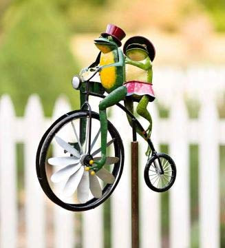 Tianbi Bewegliches Vintage-Fahrrad-Windspiel aus Metall, niedliches Tier, Motorrad, Gartenflor, Metall, Schmiedeeisen, Frosch, Ornament, Windspiel, Stange, Garten, Hof, Rasen, Windmühlen, Dekoration