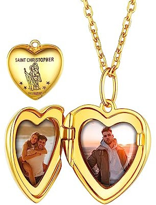 Custom4U Collier Argent avec 2 Photos Personnalisable Pendentif Saint Christophe Plaqué Or