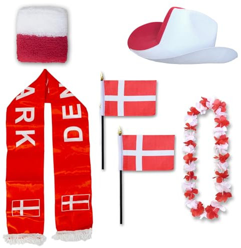 Sonia Originelli Fanset Fanartikel Fanhut Blumenkette Fanschal Schweißband Fähnchen WM EM Farbe: Dänemark