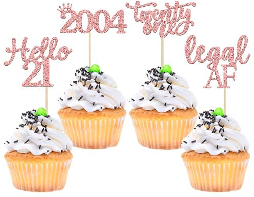 Gyufise 24 Pack Rose Gold Glitter 21st Birthday Cupcake Toppers Hello 21 Legal AF Twenty One Since 2004 Cupcake Picks for Celebrating Twenty-One Years Old Birthday Party Decorations