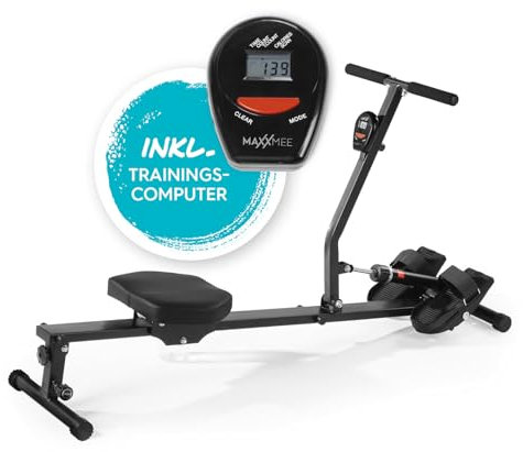 MAXXMEE Rudergerät klappbar | Effizient trainieren auch mit wenig Platz! | Fördert Kreislauf, Ausdauer und Muskelaufbau | 12 Widerstandslevel: individuell per Drehrad einstellbar [Schwarz]