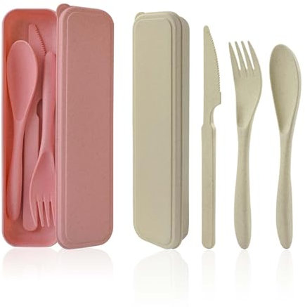 Couvert Plastique Reutilisable avec étui, Couvert Camping Portables, 2 Ensembles Cuillère Couteau et Fourchette en Plastique Couverts pour Lunch Box, Pique Nique et Voyage (Rose+Beige)