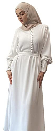 JKRTR Women's Casual Long Dress Long Sleeve Dress Dubai Abaya Arabic Islamic Kaftan Dress, white, M