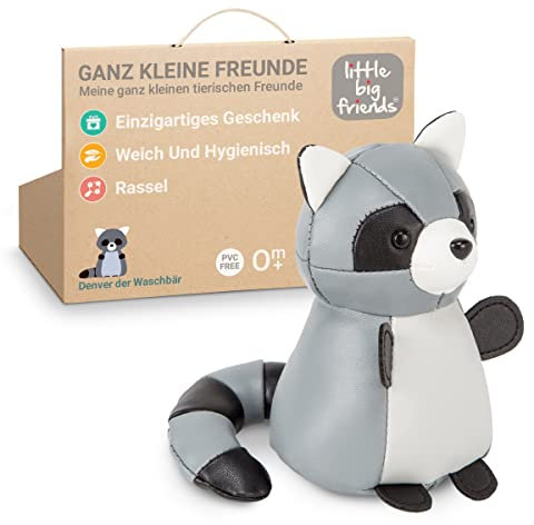 Little Big Friends Kleine Freunde | Rasselspielzeug | Spezielles Stofftier | Leicht zu reinigen | Denver der Waschbär