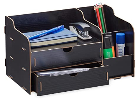 Relaxdays Desk Organiser, Office Supplies and Documents, Different Size Compartments, DIY, MDF, 17 x 33 x 19 cm, Black