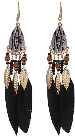 Teardrop Long Earrings, Federohrringe Ethnic Long Feather Fringe Earrings,Schwarz