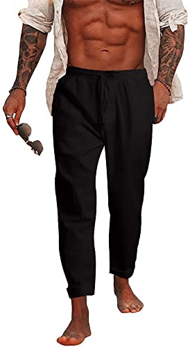 NANAMEEI Men's Cotton Linen Trousers Casual Linen Trousers with Pockets Elastic Waist Linen Pants