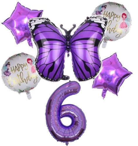 DIWULI Schmetterling Zahl 6 Luftballons - Deko Lila Set