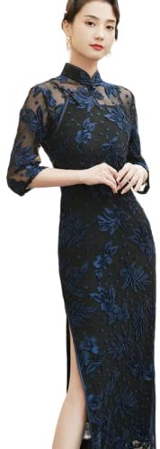 CBROOT Damen Cheongsam Kleid - Chinesischer Traditioneller Stil Lange Retro Elegante Langarm Cheongsam Temperament Schlanke Hochzeit Qipao Mode Kleid Für Frauen Mutter, Blau, M