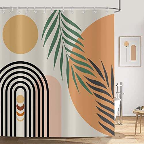 ASDCXZ Boho Duschvorhang 180x180 cm, Modern Abstrakt Kunst Boho Style Grün Schwarz Blätter Sonne Mond Linie Beige Waschbar Duschvorhang für Badewanne mit 12 Haken