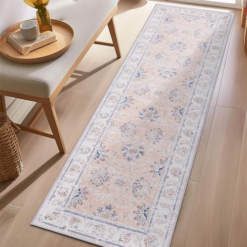 TOPICK Runner Rug 60x180cm Hallway Entrance Pink Floral Washable Rug Thin Non Slip Carpet for Kitchen Bathroom Bedroom