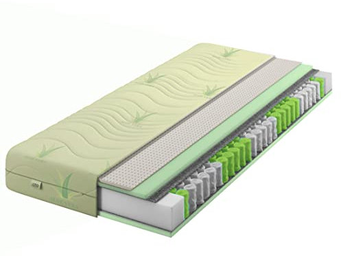 IZER Aloe Vera Taschenfederkernmatratze Latex 90x200 x 22 cm Härtegrad H3 H2, Bezug Waschbar, 7-Zonen Federkernmatratze