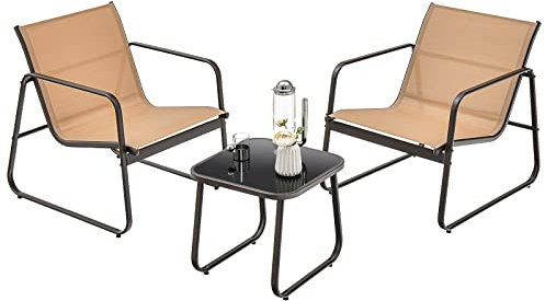 COSTWAY 3-TLG. Gartenmöbel Set, Balkonset mit 2 Stühlen und Tisch, Balkonmöbel mit atmungsaktivem Stoff, Terrassenmöbel, Gartengarnitur, Sitzgruppe für Terrasse, Balkon, Garten, Braun