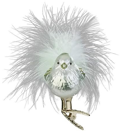Christbaumschmuck Vogel mit Federn auf Clip 5,5cm mundgeblasenes Glas handbemalt - Glasfigur Dekovogel auf Klammer Grün/Weiß - Weihnachtskugeln - Vögel Deko & Weihnachtsbaumschmuck