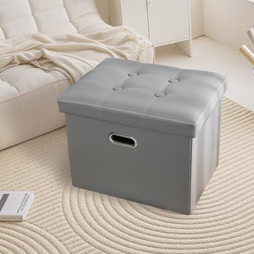 CYEER 2 Pack Faux Leather Footstool with Storage, Foldable Grey Ottoman Storage Box, Square Footstool Coffee Table with Handles, Removable Lid for Living Room Bedroom