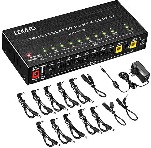 LEKATO Guitar Power Supply, 10 Isolated DC Outputs for 9V/12V/18V, 100mA 300mA 500mA Effect Pedal Power Supply with Short Circuit Protection for Musical Instruments Charging (10 Outputs)