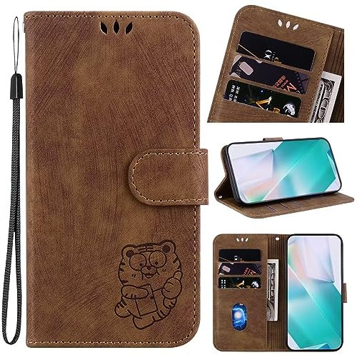 Handyhülle für Samsung Galaxy F22 4G Hülle Leder, Samsung Galaxy F22 4G Tiger Flipcase Handytasche Book Tasche Case mit Kartenfach Magnet Schutzhülle für Samsung Galaxy F22 4G Handy Hüllen braun