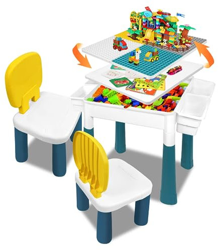 SUBTLETY 6 in 1 Kindertisch Stuhl Set aus Kunststoff Kinder Aktivitätstisch mit Doppelseitiger Tischplatte Bausteintisch mit 163 Bausteinen und 2 Stuhl Basteltisch für Kinderzimmer (Typ A)