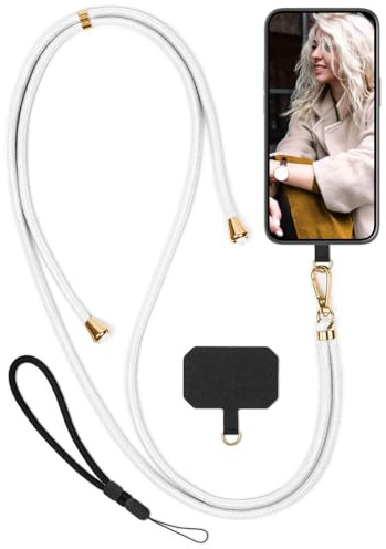 moex Unleash für Xiaomi 13 Handyband zum Umhängen ohne Hülle, Handykette Universal mit Karabiner, Handy Band abnehmbar, Kette mit Pad für Handyhülle, Weiß, Gold