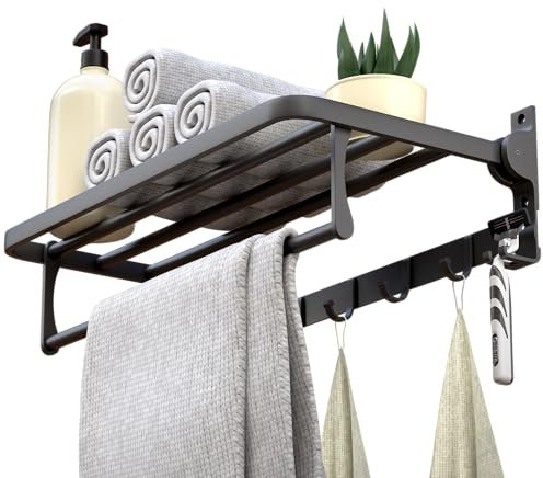 RUVEA Toalleros de Baño sin Taladro - Toallero Adhesivo Baño 57cm - con 5 Ganchos para Toallas - Toalleros de Baño Pared - Aluminio, Gris, Opción para Taladrar con Tornillería (Gris)