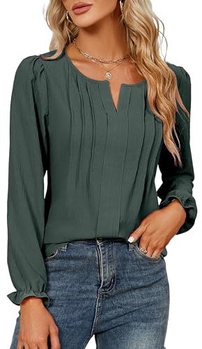 Blooming Jelly Womens Tops Dressy Casual Long Sleeve Shirts V Neck Chiffon Blouses Fall Clothes 2023(Medium,Army Green)
