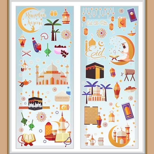 GWHOLE 9 Stück Fensterbilder Ramadan Deko Eid Mubarak Fenstersticker Fenster Aufkleber Ramadan Sticker Stern Halbmond Selbstklebend