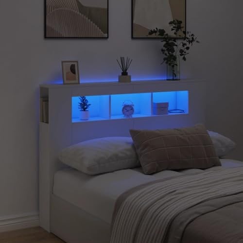 vidaXL Cabecero con LED, Cabecera con Almacenaje, Cabezal de Cama, Cabecero para Dormitorio, Madera de Ingeniería Blanco 140x18,5x103,5 cm