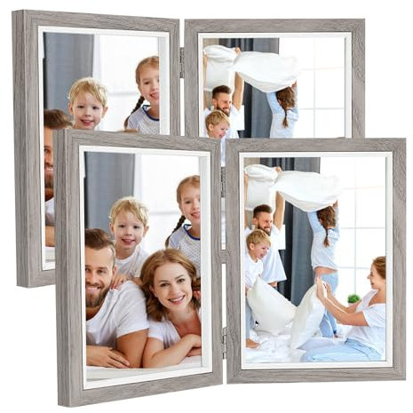 HOMURY 2er-Set Doppelter Bilderrahmen Faltbar, Holz Bilderrahmen, Klappbarer Bilderrahmen, Fotorahmen mit Glas für 2 Bilder 13x18 cm, Fotorahmen Collage für den Schreibtisch (Dunkelgrau)