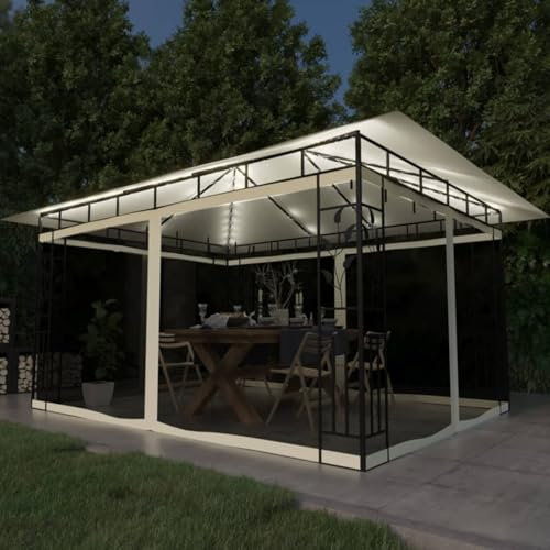 Gecheer Gazebo con Zanzariera e Luci LED,Gazebo da Esterno,Gazebo Pergola con Telo,Padiglione da Giardino,Tenda per Feste,Gazebo per Barbecue,Gazebo con Pareti,Gazebo 4x3x2,73 m Crema