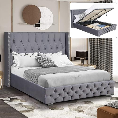 Double Bed Frame, Upholstered Ottoman Bed with Wingback Headboard, Double Bed with Storage, Velevt Fabric, Ottoman Storage Bed with Gas Lift Wooden Slats, (4ft6 Double 135 x 190, No Mattress)