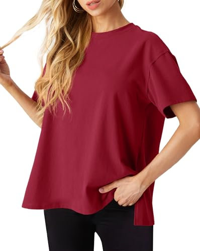 GRECERELLE Womens Summer T Shirts - Cotton Oversized Drop Shoulder Half Sleeve Casual Crew Neck Ladies Tops with Slit Hem for Baggy Fashion (Wine Red M)