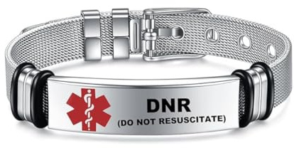 Medical ID Me Medizinische Alarm-Armbänder, Edelstahl, silberfarben, verstellbar, Blutverdünnung bei Diabetes-Epilepsie (DNR (nicht wiederbeleben)), Taglia unica, Edelstahl