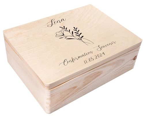 Creative Deco Personalisiert Kommunion/Konfirmation Jugendweihe Geschenke | für Mädchen und Jungen - Holzkiste | Blumen Motiv | Individuelle Geschenk Erinnerungsbox | Konfirmation Erstkommunion Deko