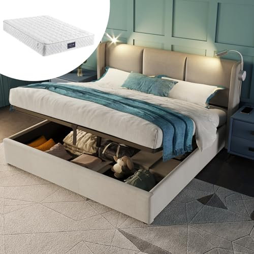 Skcess Polsterbett Doppelbett Stauraum Bettkasten Leselicht Mit USB Ladefunktion Kopfteil, Jugendbett 160X200 Mit Lattenrost(Mit Matratze)