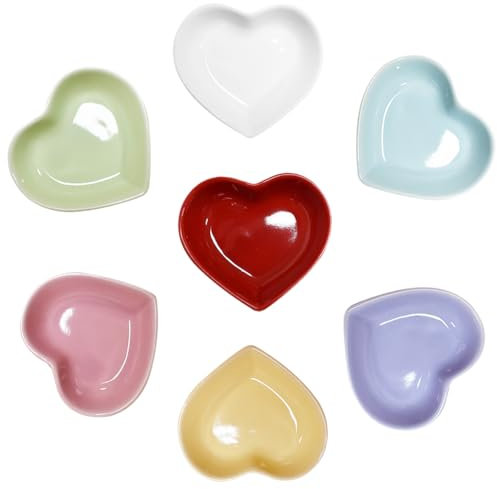Albedel One for Each 7 Colors Heart Shaped Porcelain Soy Sauce Dish Snack Bowl Ceramic Dip Dipping Bowls 1.65 oz for Dinner Baking BBQ and Cooking Total 7 pcs