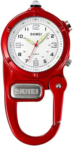 findtime Taschenuhr mit Karabiner Taschenlampe, Karabineruhren mit Clip Unisex Krankenschwester Analog Quarz Uhren Clip On für Kletterer Sport Outdoor Aktivitäten Rot