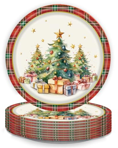 Furimuk Paquete de 25 platos de papel desechables de Navidad, diseño de árbol de Navidad, plato de postre para Navidad, Año Nuevo, invierno, vacaciones, cena, fiesta, suministros de decoración
