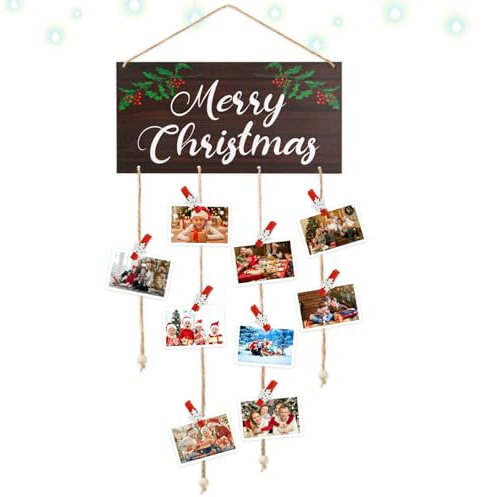 Aucpod Porta biglietti di Natale, in legno, da appendere, con 30 clip per foto, con scritta Merry Christmas, con scritta Merry Christmas (giardino, buon Natale)