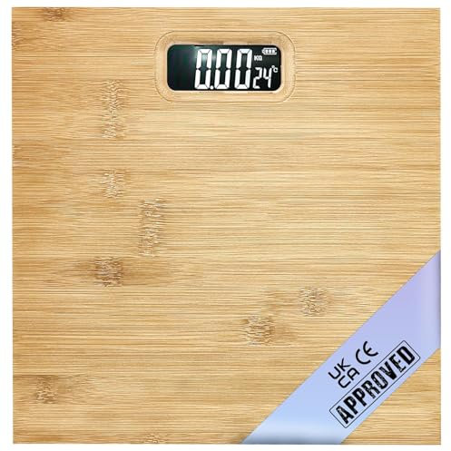 PUREFIT Digitale Personenwaage zur Messung des Körpergewichts, Bambus-Stil, ultradünn, hohe Präzision, intelligente Waage mit LED-Display, Wiegewaage mit Batterie im Lieferumfang enthalten, LB/kg/ST,
