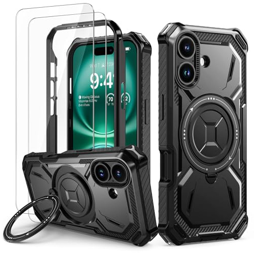 Lanhiem Cover per iPhone 16 Plus con 2 Pezzi Vetro Temperato, 14FT Antiurto Anticaduta Militare,Supporto Magnetico Anello a 360° Protezione Armor Protezione, Custodia per iPhone 16 Plus, Nero