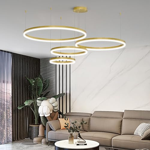 Mikeru 4 Ring Round Pendant Light, 40+60+80+100cm Gold Hanging Pendant Light Dimmable 10% to 100% Modern LED Kitchen Island Lighting 3000K/4500K/6500K Modern Dimmable Ceiling Lights for Living Room