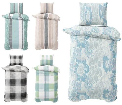 Visaggio Biber Bettwäsche 135x200 cm Feinbiber Winter Bettbezug Set Kissenbezug 80x80 cm mit verdecktem Reissverschluss geblümt Blau Beige