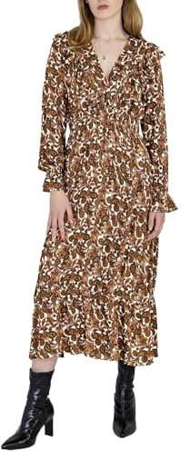 Enorsia Womens Paisley Printed Viscose Shirred Maxi Dress with Ruffle Trim V-Neckline, Elasticated Waist, Tiered Design, Loose Fit for Casual Parties (UK, Numeric, 12, Regular, Regular, Brown)