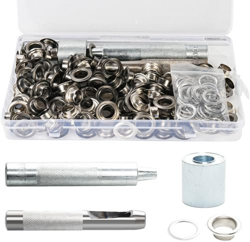 Annickee Oeillet Couture 10mm, Kit d'oeillet Metal, Oeillet INOX, Oeillets pour baches incluant l'outil de Perforation, l'outil d'installation, Le Socle, Adapté pour Tissu, Cuir (Argenté)