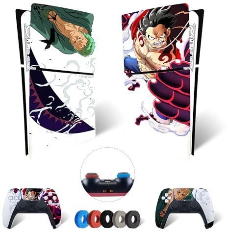 MaD Vision® Extra-Durable Skin Set für PS5 Digital Slim + 5 Paar Aiming Rings | Klebefolie aus mattem Vinyl für PlayStation 5 + 2 Controller - für One Piece Design